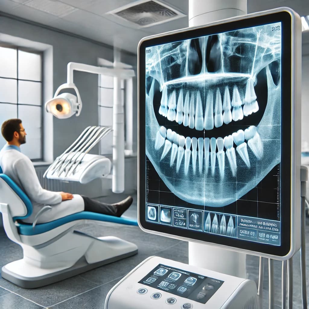 تصویری از یک دستگاه تصویربرداری دیجیتال دندانپزشکی که در حال ثبت تصاویر دقیق از دندان‌های بیمار است. دندانپزشک در حال مشاهده اسکن روی یک صفحه نمایش با کیفیت بالا است.