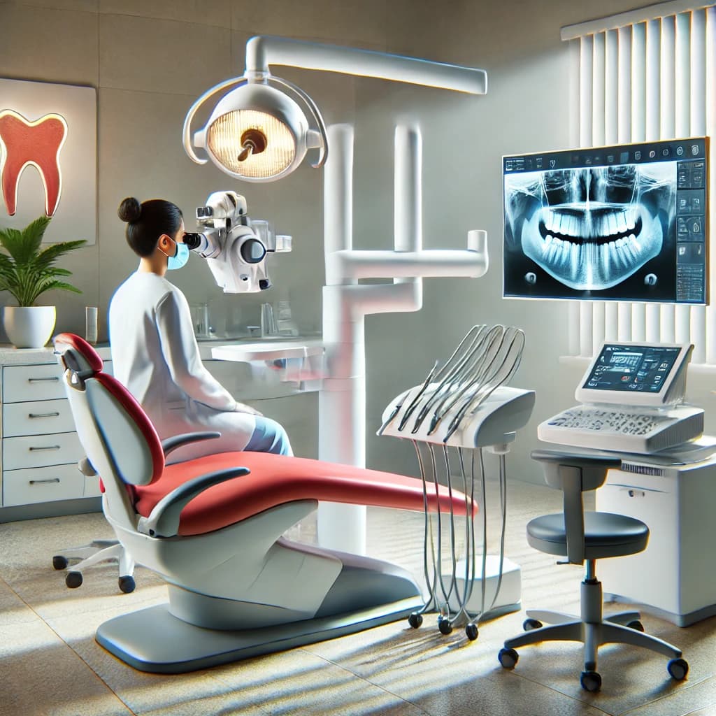 این تصویر یک کلینیک دندانپزشکی مدرن را نمایش می‌دهد که از تجهیزات پیشرفته‌ای مانند اسکنر داخل دهانی، میکروسکوپ دندانپزشکی و دستگاه تصویربرداری دیجیتال بهره می‌برد. فضای روشن، طراحی حرفه‌ای و حضور دندانپزشک در حال کار، بر پیشرفت فناوری در حوزه درمان‌های دندانپزشکی تأکید دارد.