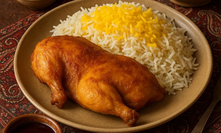 طرز تهیه مرغ کَره‌ای با خوراک شاه پلو؛ ترکیب اکبر جوجه و شاه پلو