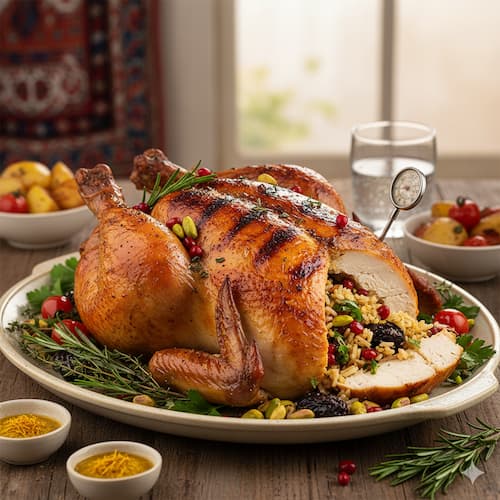 مرغ شکم پر مجلسی: دستور پخت حرفه‌ای، سس و تنظیم دمای فر