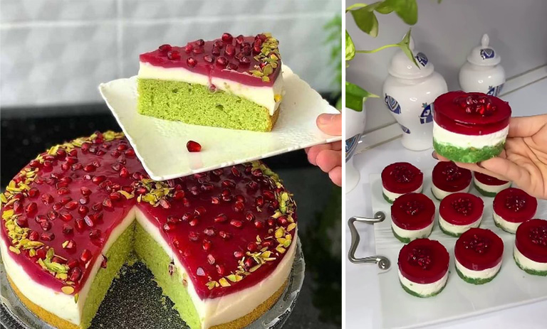 طرز تهیه کیک پودینگ سه رنگ؛ مخصوص شب یلدا با دانه انار